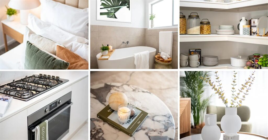 A collage of six photos: a neatly made bed, a bathroom with a bathtub, organized kitchen shelves, a modern gas stove, a coffee table with a candle and book, and a dining table with vases and flowers.